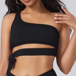 Cider Shaping Rib Solid Bowknot One Shoulder Ribbed Swimsuit Top Black Womens M